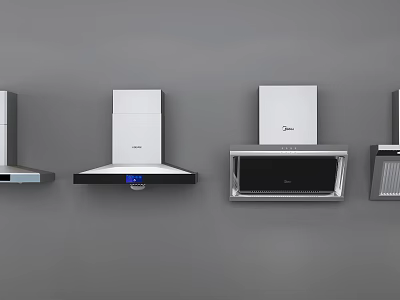Different Styles Of Kitchen Range Hoods In White And Silver On Gray Wall 3d model