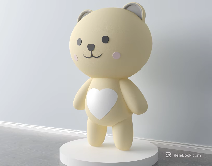 Adorable Yellow Bear Doll With White Ears Pink Cheeks And Heart On Chest 3d model 