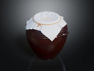 Traditional Brown Clay Jar With White Cloth Cover Tied By Rope On Dark Background 3d model