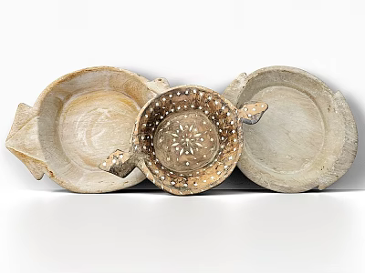 Vintage Handcrafted Wooden Dinnerware Set With Carved Patterns Shallow Plates And Handle Strainer 3d model