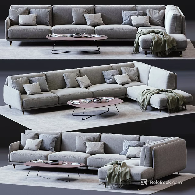 Cozy Modern Sectional Sofa With Plush Pillows Soft Throw Blanket And Round Coffee Table 3d model