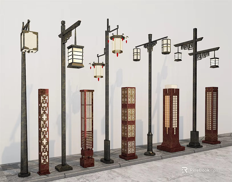 Traditional Outdoor Lights with Lantern Designs Lattice Patterns and Decorative Lamp Posts 3d model