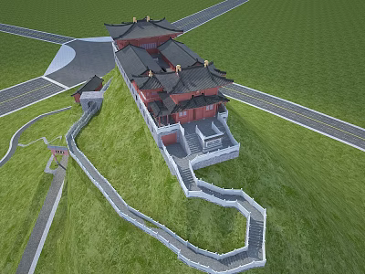 Ancient Architecture With Traditional Red Walls Classic Roof Green Grassland Stone Stairs And Curved Paths 3d model