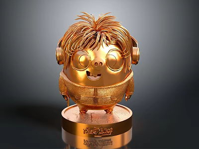 Golden Cartoon Figurine With Fluffy Hair Headphones Smiling Face And DreamWorks Base 3d model
