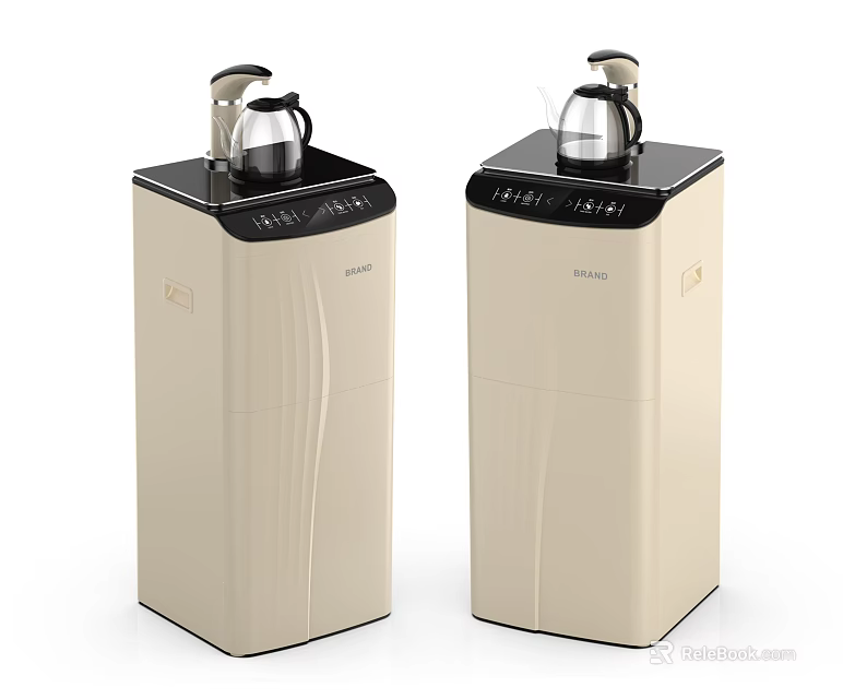 Beige Vertical Household Water Dispensers With Black Control Panels And Kettles 3d model 