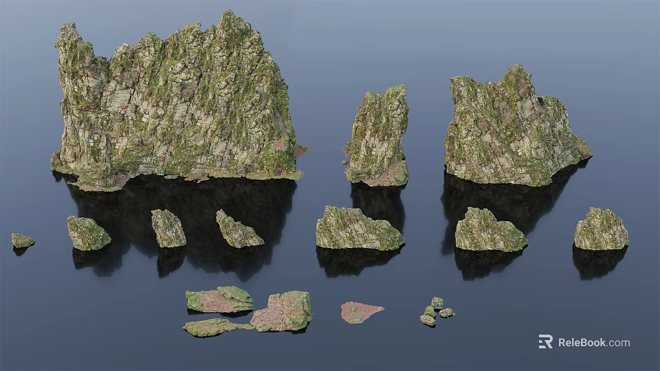 3D Rock Models in Different Sizes with Green Moss and Water Reflections 3d model