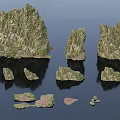 3D Rock Models in Different Sizes with Green Moss and Water Reflections 3d model