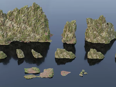3D Rock Models in Different Sizes with Green Moss and Water Reflections 3d model