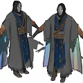 Game Movie Character In Traditional Robe With Blue Decorative Cloak And Two Angle Views