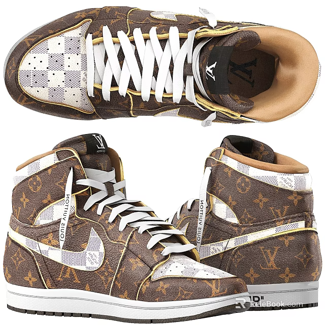 High Top Leather Shoes With Brown Monogram Pattern White Swoosh Logo And Laces 3d model 