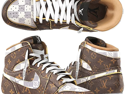 High Top Leather Shoes With Brown Monogram Pattern White Swoosh Logo And Laces 3d model