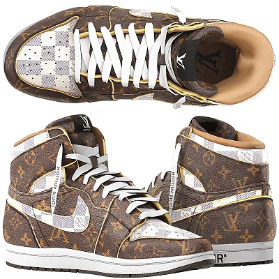 High Top Leather Shoes With Brown Monogram Pattern White Swoosh Logo And Laces 3d model High Top Leather Shoes With Brown Monogram Pattern White Swoosh Logo And Laces 3d model