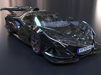 Black Futuristic Supercar With Streamlined Body Large Rear Wing And Red Shiny Wheels 3d model