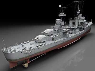 Detailed 3D Model of Large Warship With Turrets Antennas and Red Bottom Hull 3d model
