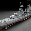 Detailed 3D Model of Large Warship With Turrets Antennas and Red Bottom Hull