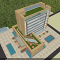Modern Office Building Exterior With Glass Curtain Wall Yellow Facade And Landscaped Entrance