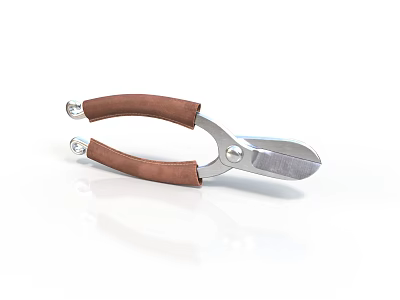 Realistic Style Gardening Scissors Gardening Scissors Metal Cutting Edge Brown Leather Handle Round Rivet White Reflective Floor Furnishings Furnishings Furnishings 3d model