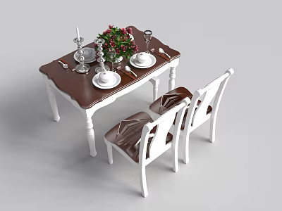 Dining Table Set With Brown Tabletop White Chairs Tableware Flower Vase Candle Holder Wine Glasses 3d model