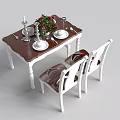 Dining Table Set With Brown Tabletop White Chairs Tableware Flower Vase Candle Holder Wine Glasses