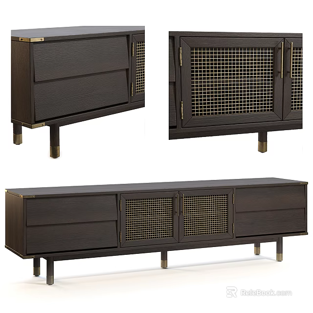 Modern Dark Wood TV Stand With Grid Doors Drawers And Brass Legs 3d model 