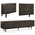 Modern Dark Wood TV Stand With Grid Doors Drawers And Brass Legs