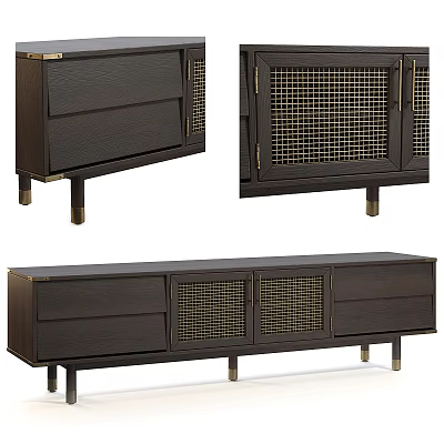 Modern Dark Wood TV Stand With Grid Doors Drawers And Brass Legs 3d model