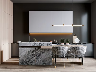 Modern Dining Table Set With Marble Countertop Grey Cabinets And Patterned Chairs 3d model