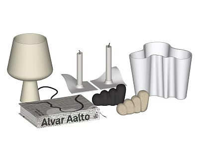 Stylish Decorative Ornament Set With Table Lamp Candles Book And White Containers 3d model