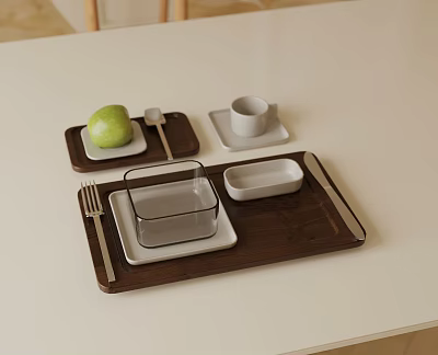 Tableware Set with Wooden Tray Plate Cup Spoon Fork and Container on White Table 3d model
