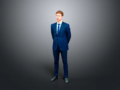 Man in blue suit standing with formal posture against gray background 3d model