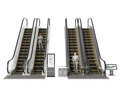 Escalators In Public Area With Information Screen Trash Bins And People Standing Nearby 3d model