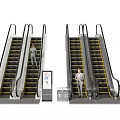 Escalators In Public Area With Information Screen Trash Bins And People Standing Nearby