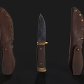 Vintage Tactical Knife with Wooden Handle Metal Blade and Brown Leather Sheath Featuring Metal Rivets