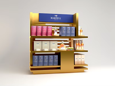 Golden Display Shelf With MARTELL Brand And Multiple Layers Of Various Bottles And Boxes 3d model