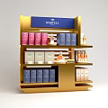 Golden Display Shelf With MARTELL Brand And Multiple Layers Of Various Bottles And Boxes