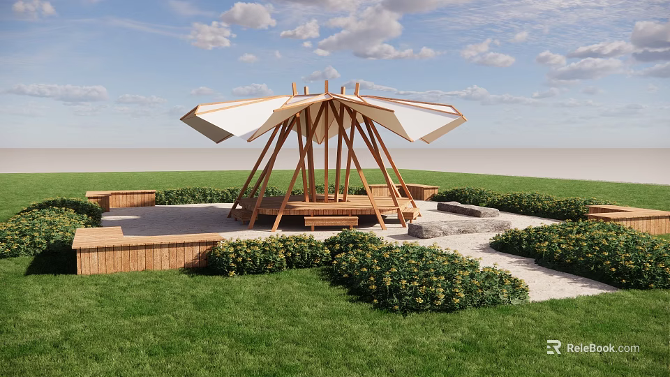 Wooden Pavilion With White Canopy Green Lawn And Surrounding Bushes On Wooden Deck 3d model 