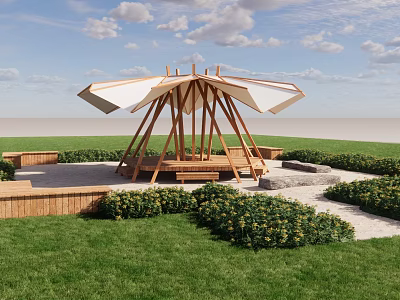 Wooden Pavilion With White Canopy Green Lawn And Surrounding Bushes On Wooden Deck 3d model