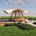 Wooden Pavilion With White Canopy Green Lawn And Surrounding Bushes On Wooden Deck
