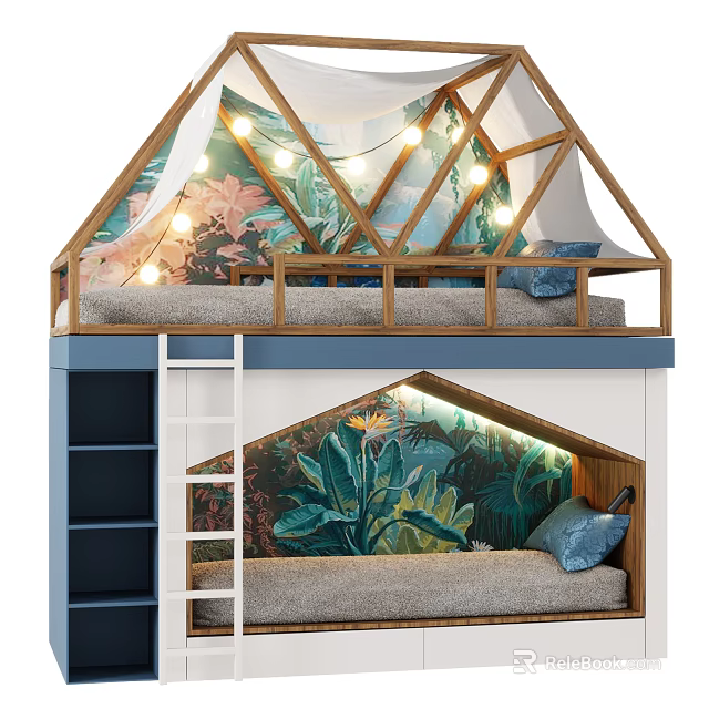 Cozy Wooden Bunk Bed With Canopy Design String Lights And Tropical Plant Mural 3d model 