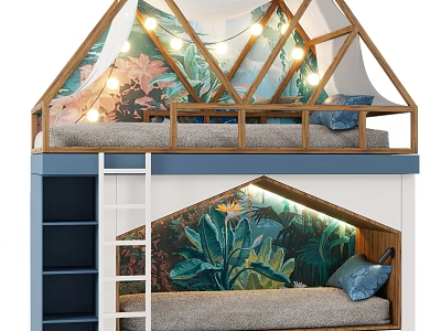 Cozy Wooden Bunk Bed With Canopy Design String Lights And Tropical Plant Mural 3d model
