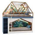 Cozy Wooden Bunk Bed With Canopy Design String Lights And Tropical Plant Mural