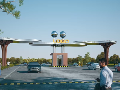 Modern Lubeo Entrance Gate With Spherical Ornaments Pillars And Landscaped Greenery 3d model
