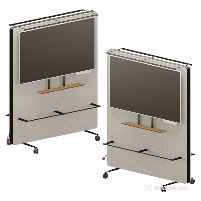 Modern Mobile Display Stand With Screen Wooden Shelf And Rolling Casters 3d model 