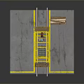 Yellow Industrial Mechanical Device on Track with Wooden Boards and Concrete Floor