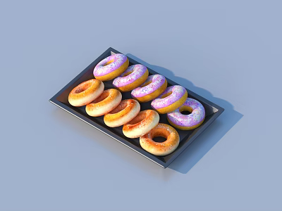 Colorful Donuts with Pink Purple Frosting Arranged on Black Serving Tray 3d model