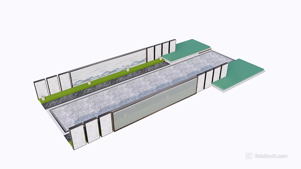 Modern Landscape Wall Design With Glass Panels Green Plant Strips And Stone Floor 3d model 