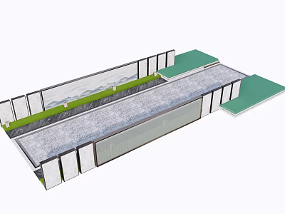 Modern Landscape Wall Design With Glass Panels Green Plant Strips And Stone Floor 3d model