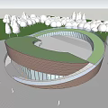 Modern Curved Building With Metal Facade Glass Windows Open Plaza Trees And People Walking