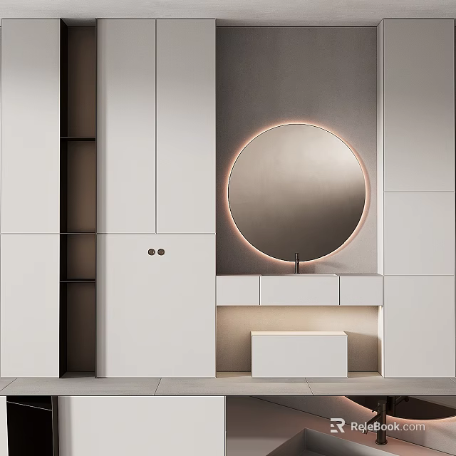 Modern Minimalist Vanity With White Cabinets Round Mirror And Ring Light 3d model 