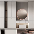 Modern Minimalist Vanity With White Cabinets Round Mirror And Ring Light